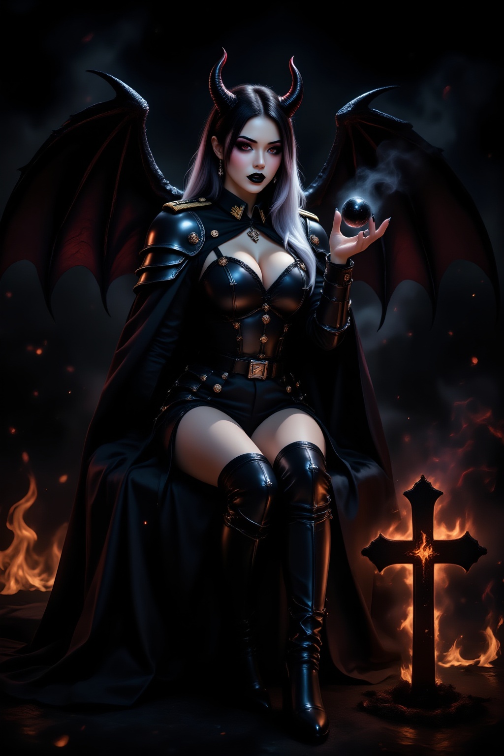 A busty girl with huge black devil wings (like bat-like wings),  raised her chin with an arrogant expression on her face,...