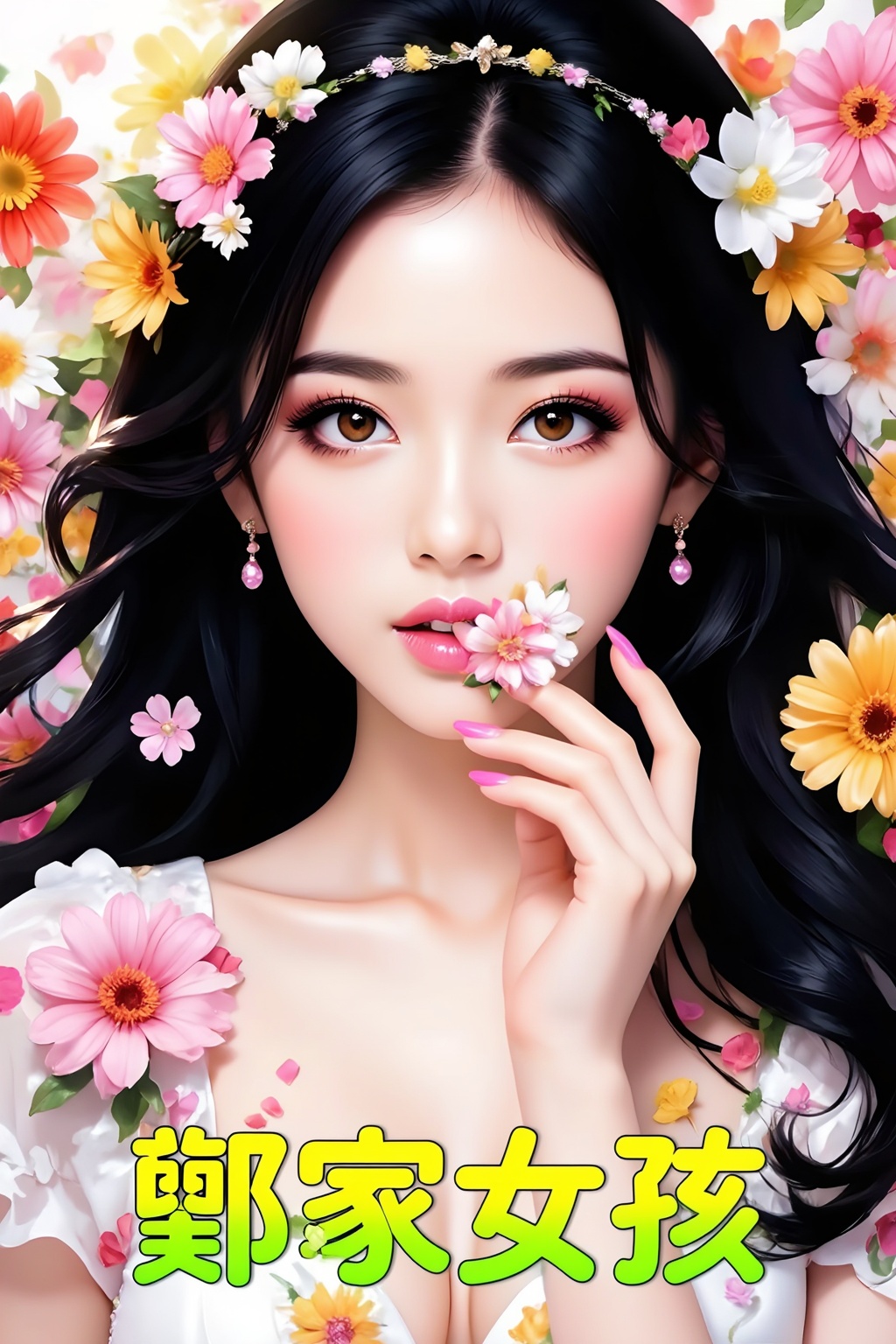 Top quality. Inspiration: Cover design. Image: A young girl with long,  flowing black hair,  gazing at the camera on Tenso...