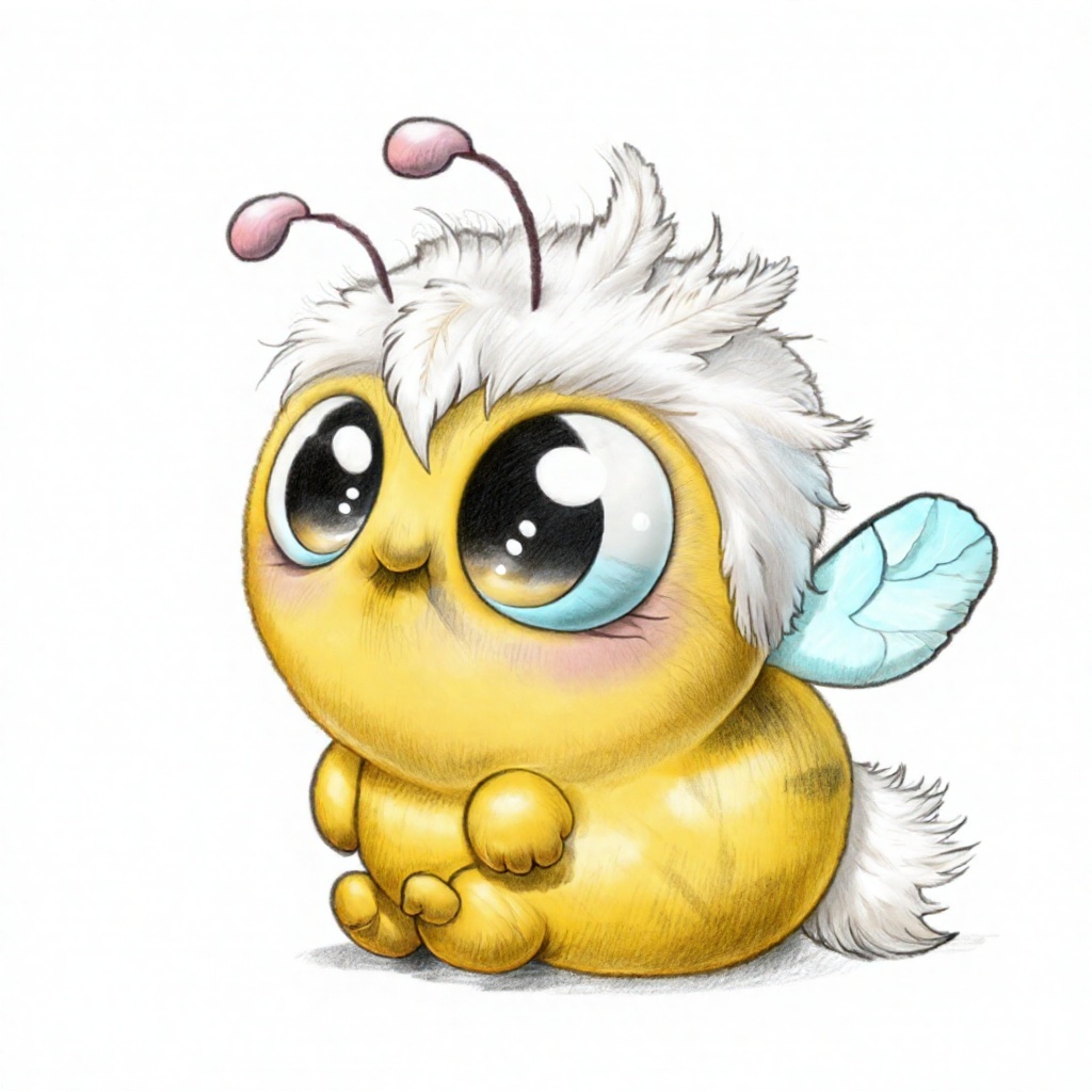Chris_Ryniak_Scribble Style,  a plump chibi bee creature sits curled up in a cozy defeated pose with stubby legs tucked un...