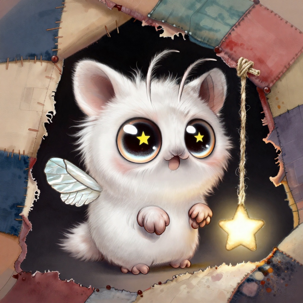 Chris_Ryniak_Scribble Style,  A round,  fluffy white creature that looks like a cross between a red panda and a moth on Te...