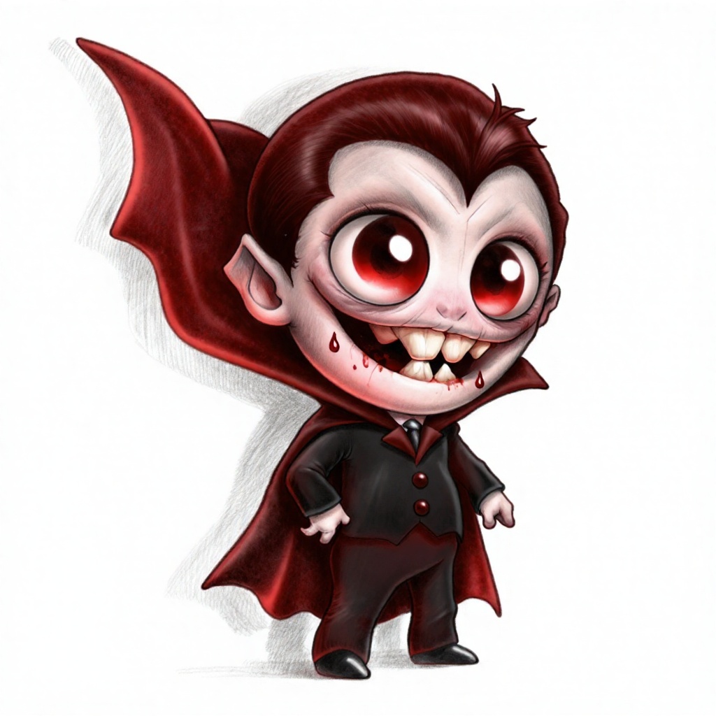 Chris_Ryniak_Scribble Style,  a chibi vampire with oversized fangs and a tiny cape dramatically strikes a brooding pose le...