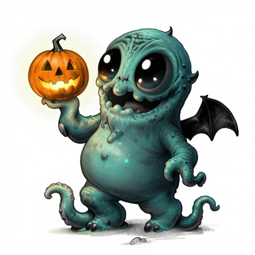 Chris_Ryniak_Scribble Style,  a plump chibi Cthulhu spawn with tiny bat wings and wriggling tentacles triumphantly holds a...
