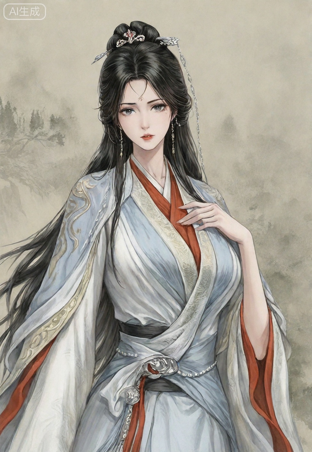 ((very awa)),(solo),highly detailed,(best quality),((masterpiece)),1girl,chi,painting \(medium\),watercolor \(medium\),black hair,simple background,large breasts,lineart,flat color,ge,looking at viewer,nangongwan,long hair,black hair,hair ornament,chinese clothes,hanfu,jewelry,earrings,upper body,facial mark,mature female,