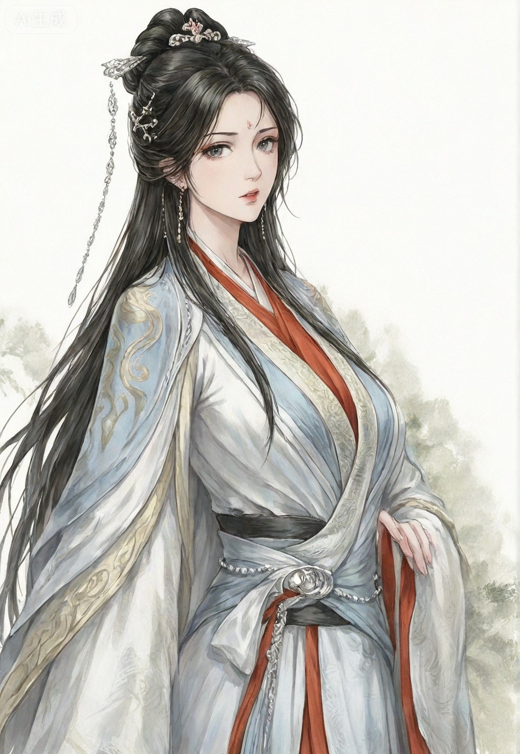 ((very awa)),(solo),highly detailed,(best quality),((masterpiece)),1girl,chi,,painting \(medium\),watercolor \(medium\),black hair,simple background,large breasts,lineart,flat color,ge,looking at viewer,nangongwan,long hair,black hair,hair ornament,chinese clothes,hanfu,jewelry,earrings,upper body,facial mark,mature female,