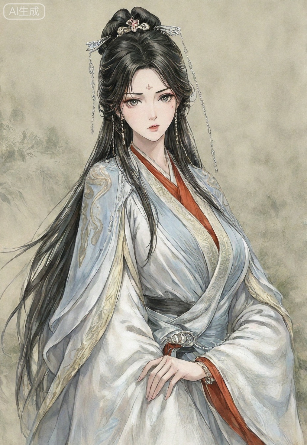 ((very awa)),(solo),highly detailed,(best quality),((masterpiece)),1girl,chi,,painting \(medium\),watercolor \(medium\),black hair,simple background,large breasts,lineart,flat color,ge,looking at viewer,nangongwan,long hair,black hair,hair ornament,chinese clothes,hanfu,jewelry,earrings,upper body,facial mark,