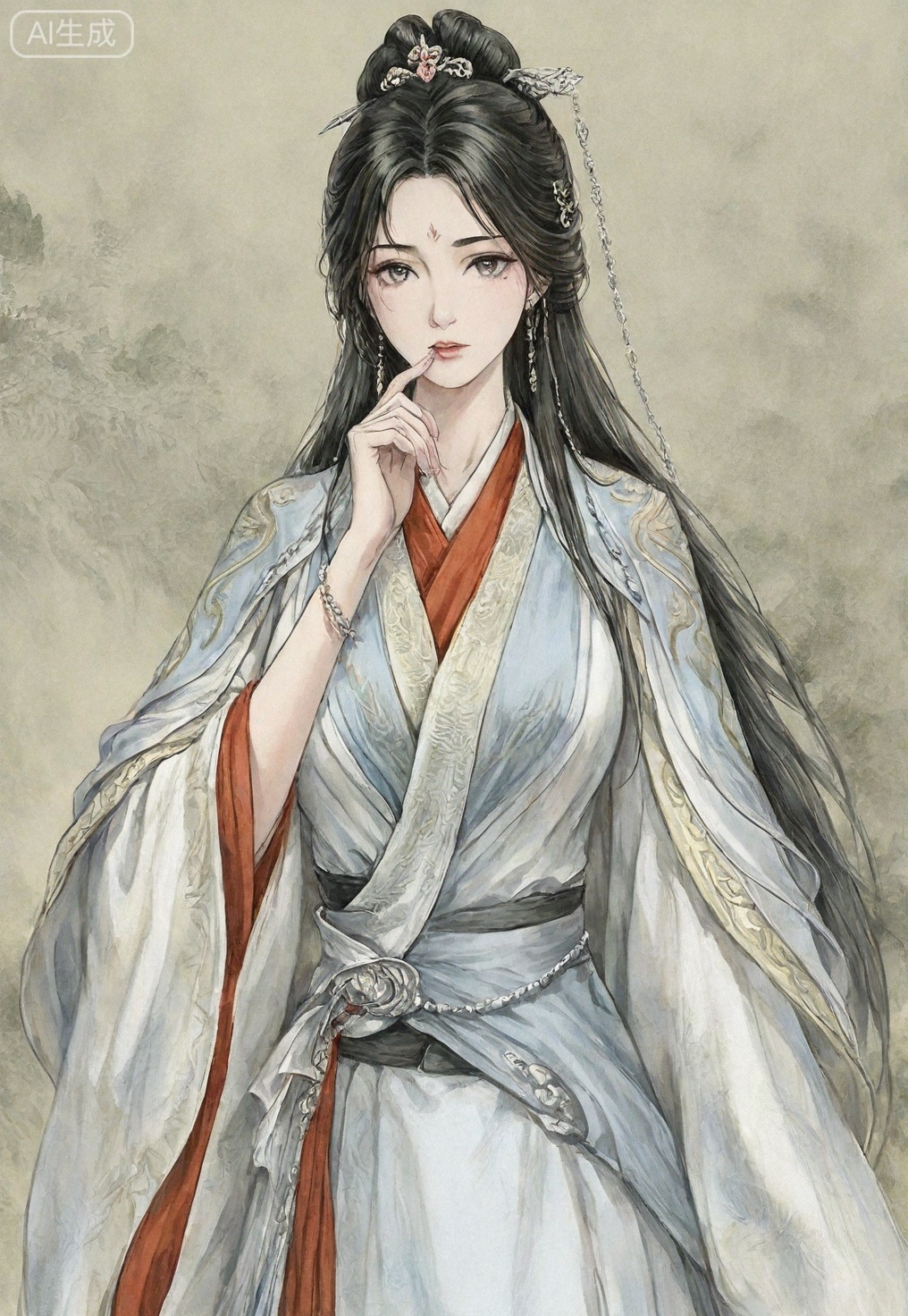 ((very awa)),(solo),highly detailed,(best quality),((masterpiece)),1girl,chi,,painting \(medium\),watercolor \(medium\),black hair,simple background,large breasts,lineart,flat color,ge,looking at viewer,nangongwan,long hair,black hair,hair ornament,chinese clothes,hanfu,jewelry,earrings,upper body,facial mark,