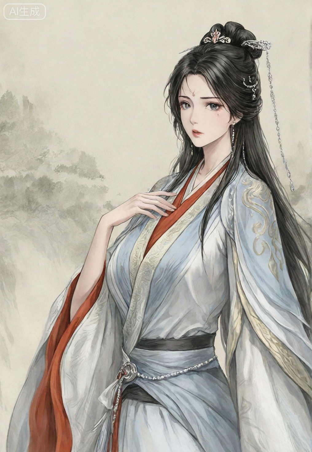 ((very awa)),(solo),highly detailed,(best quality),((masterpiece)),1girl,chi,painting \(medium\),watercolor \(medium\),black hair,simple background,large breasts,lineart,flat color,ge,looking at viewer,nangongwan,long hair,black hair,hair ornament,chinese clothes,hanfu,jewelry,earrings,upper body,facial mark,mature female,