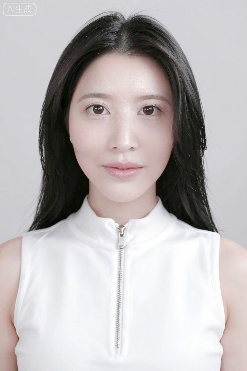 This is a photograph of an East Asian woman with fair skin, straight black hair, and a slender physique. She has a round face, almond-shaped brown eyes, and full lips. She wears a sleeveless white top with a high collar and a zipper detail. Her makeup is subtle, with a natural look. The background is a plain, light grey. The overall image has a soft, professional quality, focusing on her serene expression and elegant appearance.