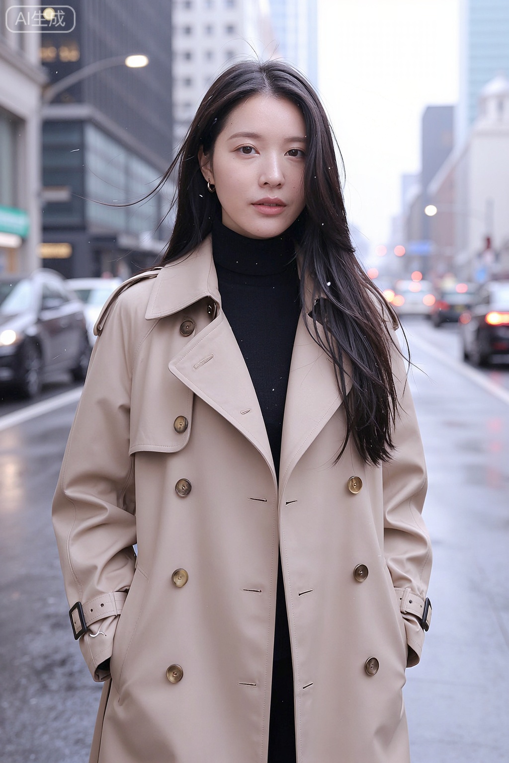 This is a high-resolution photograph of a young East Asian woman standing in a busy city street during a light snowfall. She has long, straight, dark brown hair that flows freely in the wind, and her expression is calm and composed, with slightly parted lips and a neutral gaze. She is wearing a chic, beige trench coat with gold buttons, over a black turtleneck sweater. The coat has a classic, tailored fit, and the fabric appears smooth and slightly shiny. Her makeup is subtle yet elegant, with a focus on natural tones that enhance her features.
The background features tall buildings with glass windows and modern architecture, suggesting a metropolitan setting. The street is wet from the snow, and there are blurred, colorful lights from cars and street lamps in the distance, adding to the urban atmosphere. The overall mood of the image is cool and serene, capturing a moment of quiet contemplation amidst the hustle and bustle of the city. The photograph is well-composed, with the woman's figure prominently positioned in the foreground, and the blurred background adding depth and context to the scene.