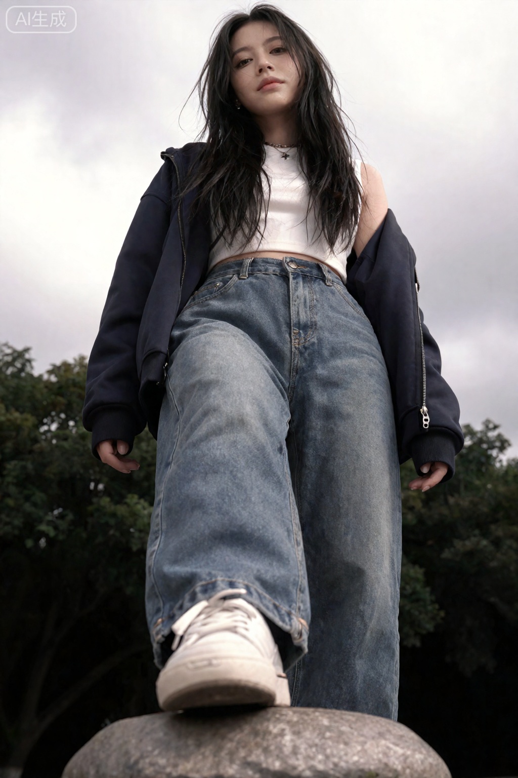 美颜艺术摄影,极美人体摄影。采用低视角拍摄,通过仰视角度展现一个痞帅叛逆的女生站在画面之上。她穿着街头风格的服饰,展现出绝美的容颜。单脚踩在石墩上,营造出强烈的压迫感。她的表情冷艳且带有一丝凶悍,整个画面充满视觉冲击力,让人印象深刻。﻿突出日常感,采用暗色调,只突出人物。这张写实风格的人像摄影追求真实感,注重细节和情感表达,力求捕捉每一个瞬间的真实与震撼。