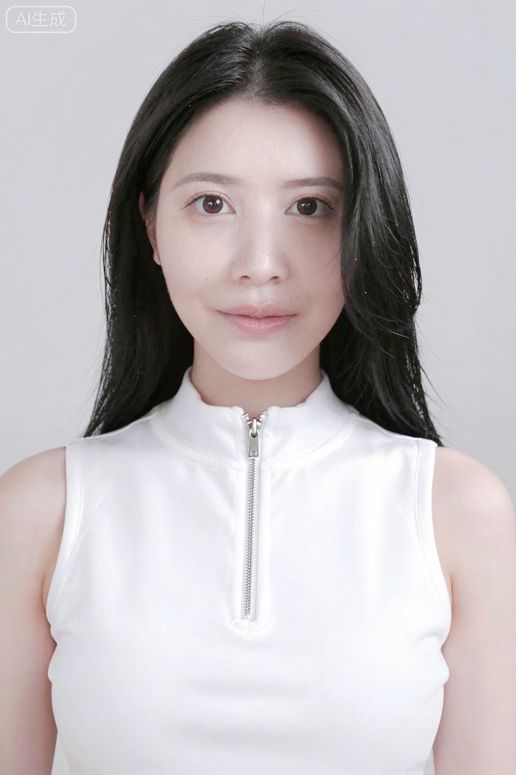 This is a photograph of an East Asian woman with fair skin, straight black hair, and a slender physique. She has a round face, almond-shaped brown eyes, and full lips. She wears a sleeveless white top with a high collar and a zipper detail. Her makeup is subtle, with a natural look. The background is a plain, light grey. The overall image has a soft, professional quality, focusing on her serene expression and elegant appearance.