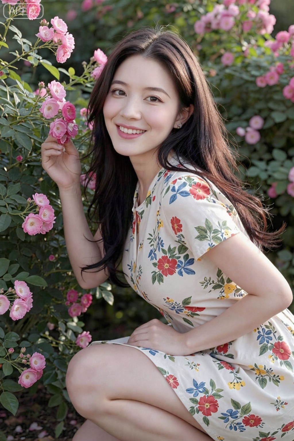 This is a high-resolution photograph of a young Asian woman with a fair complexion and long, wavy, dark brown hair. She is smiling brightly, revealing her straight white teeth, and is positioned slightly crouching among a lush garden of blooming pink roses and green foliage. Her attire consists of a short-sleeved, white dress adorned with a colorful floral pattern featuring red, blue, and yellow flowers. The fabric of her dress appears soft and slightly textured, likely made from cotton or a similar material.The woman's makeup is minimal, with a natural look that enhances her features. Her eyes are accentuated with a subtle smoky eye, and her lips are painted a soft pink. She has a slender physique, and her posture is relaxed yet poised, with her right hand gently touching a rose bush while her left hand rests on her hip.The background is filled with various shades of green and pink from the flowers and leaves, creating a vibrant and serene natural setting. The sunlight filters through the foliage, casting soft, warm light on her and the surrounding plants, adding to the peaceful and joyful ambiance of the photograph.