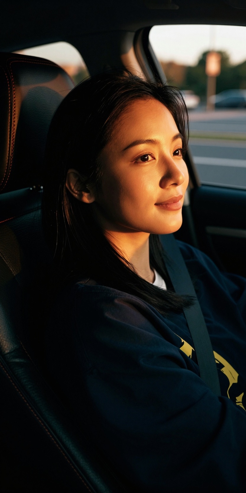 A close-up selfie of an Asian woman sitting in the driver’s seat of a parked car during golden hour,  warm sunlight enteri...
