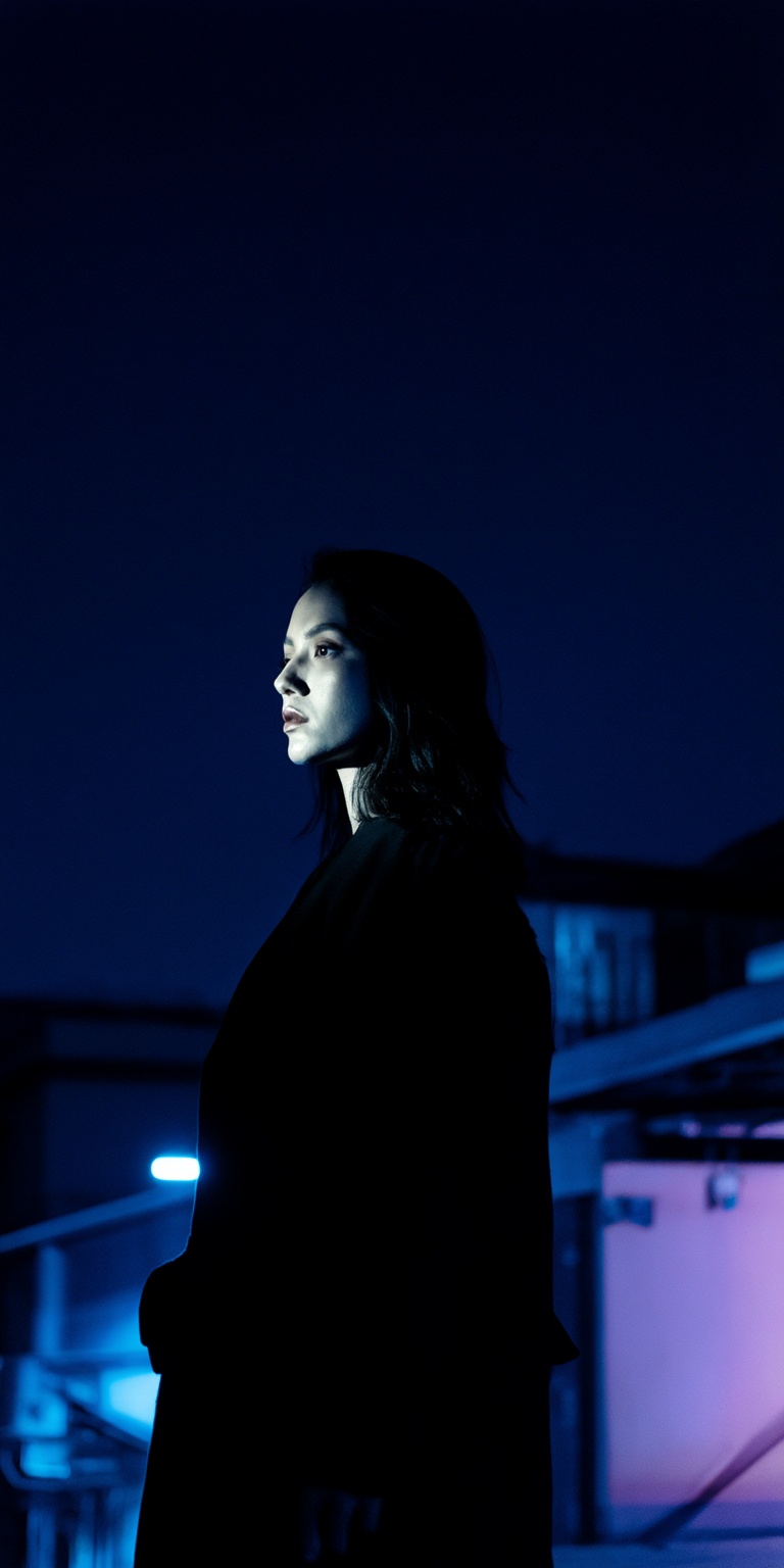 A cinematic color noir portrait centered on a woman standing alone at night in a stark urban environment,  infused with as...