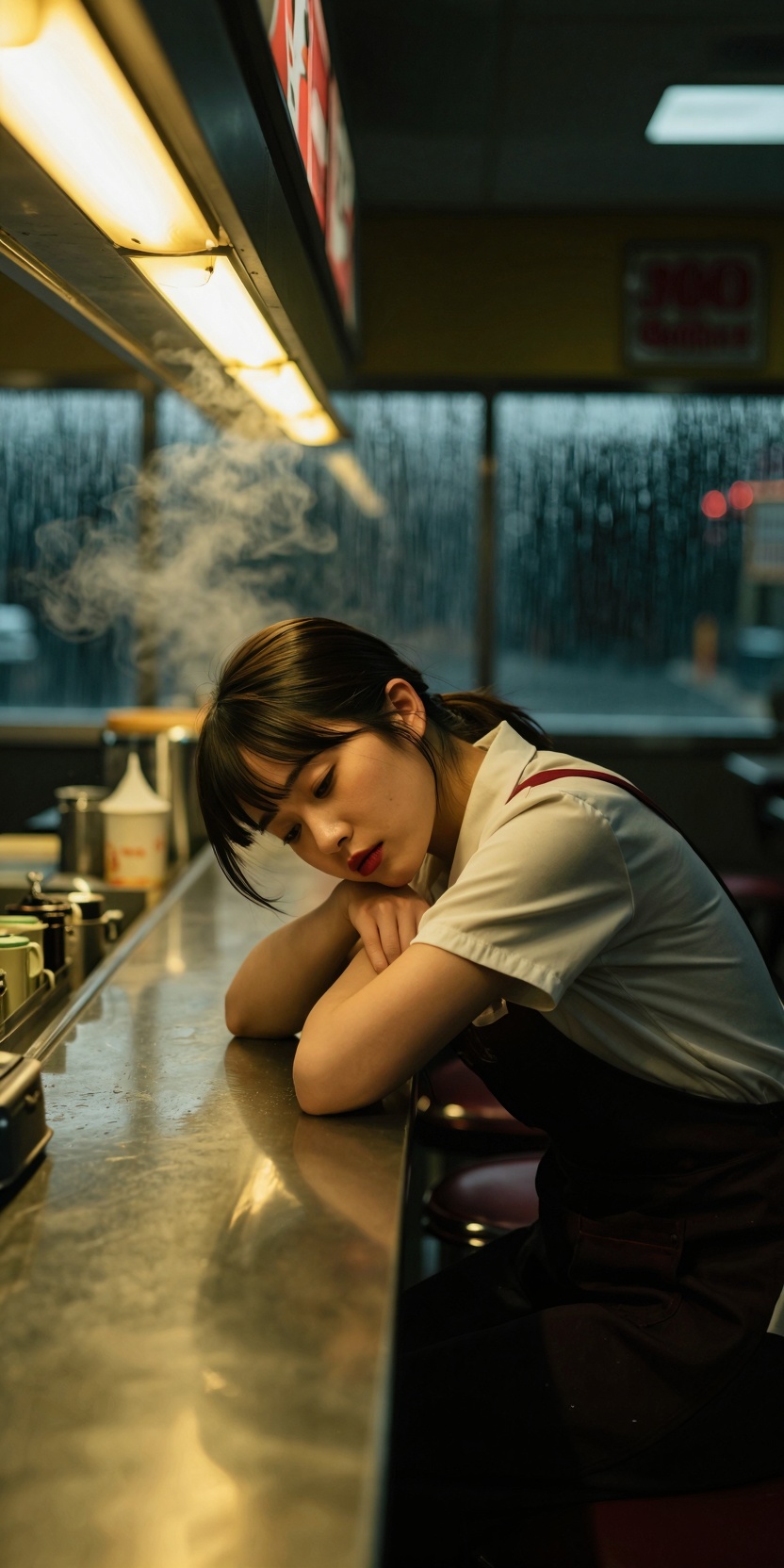 A cinematic late-night diner scene with a tired waitress leaning on the counter under warm fluorescent lights,  chrome ref...