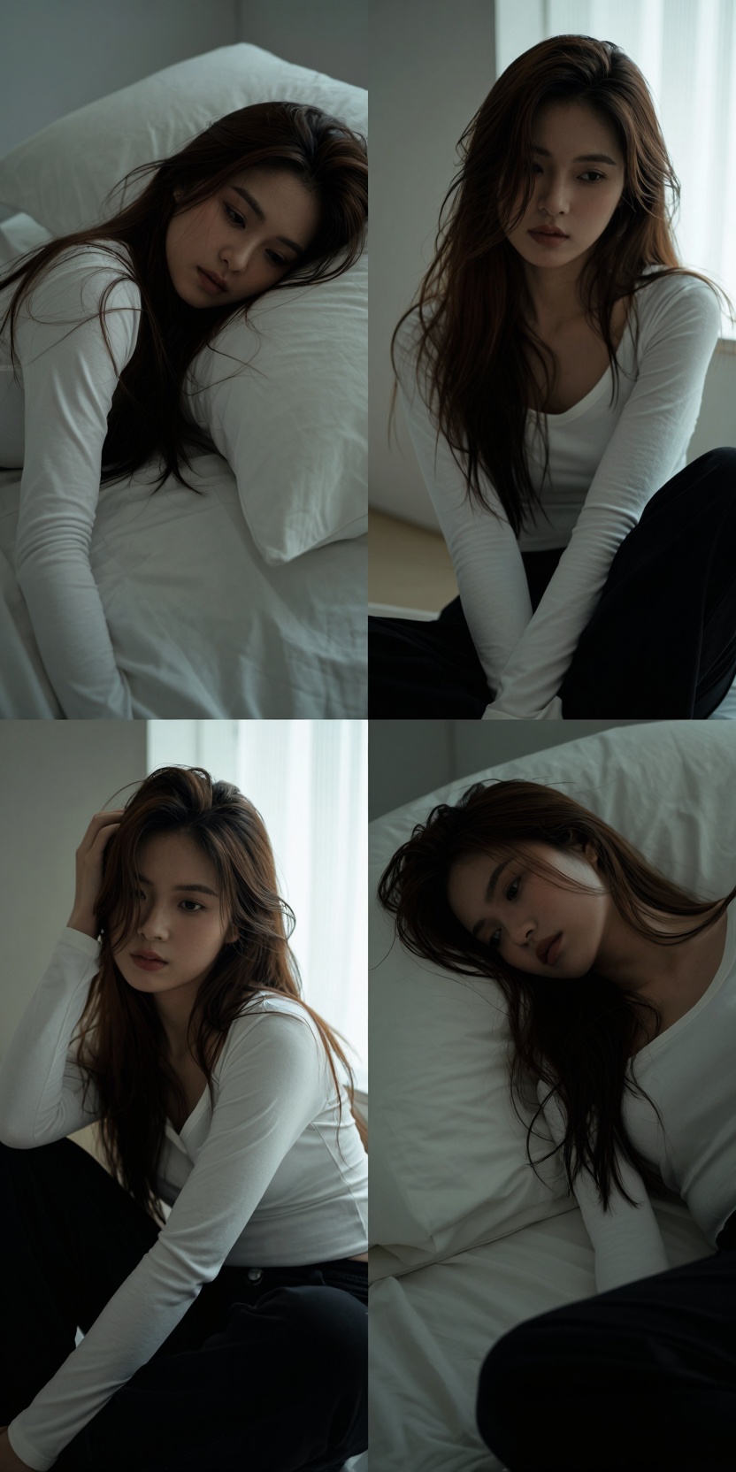 A deeply atmospheric four-panel portrait collage of the same young Asian woman with long wavy brown hair and fair skin,  w...