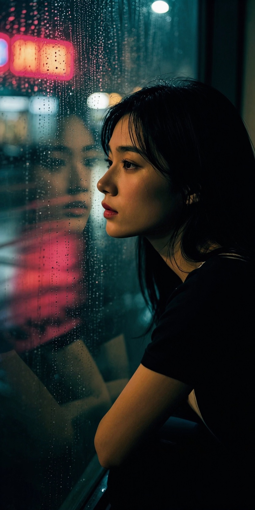 A melancholic young woman sitting by a rain-covered window at night,  city lights reflecting in the droplets,  her face pa...
