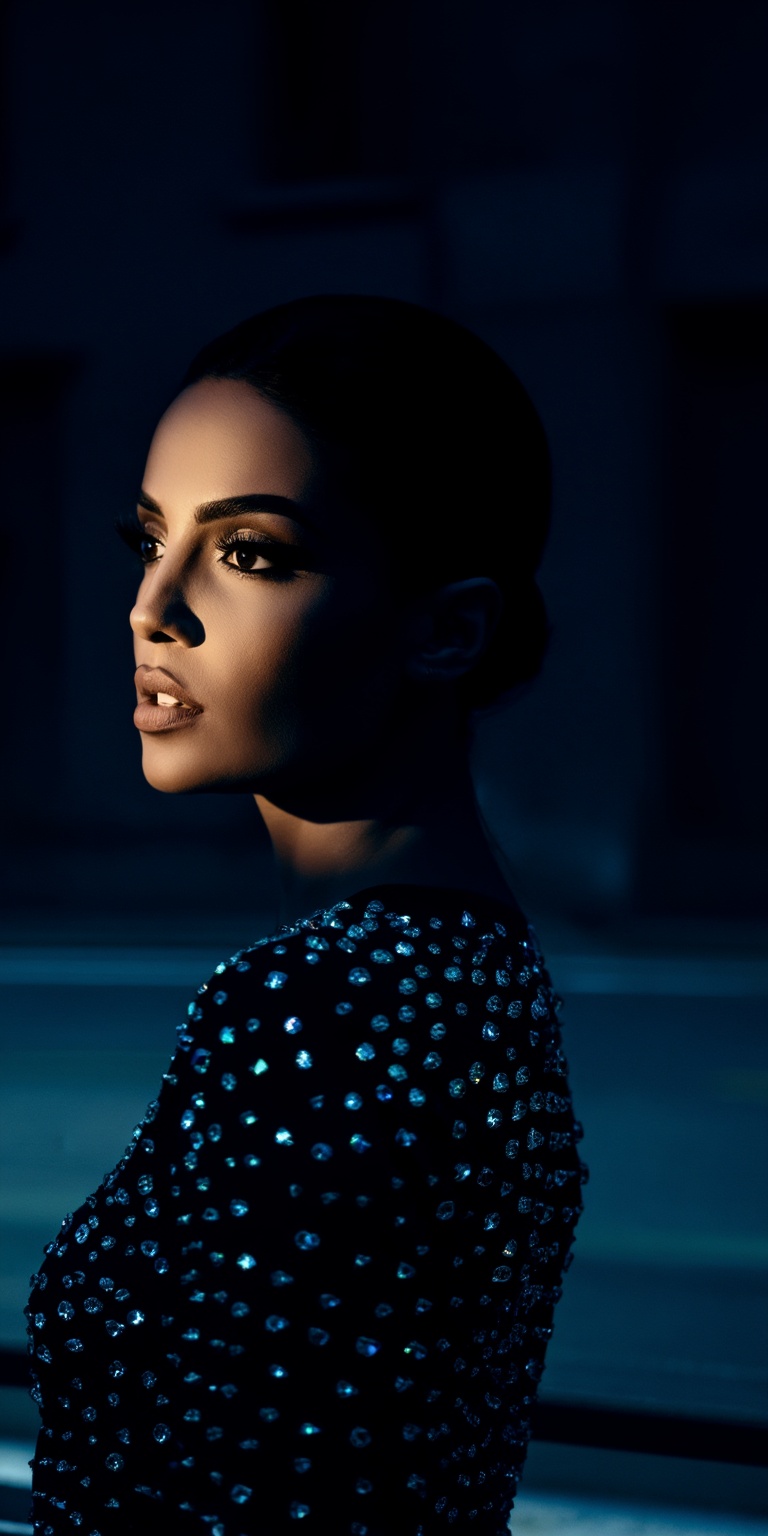 A dark,  high-contrast color noir portrait centered on a woman wearing diamond-embellished clothing,  set within a stark u...