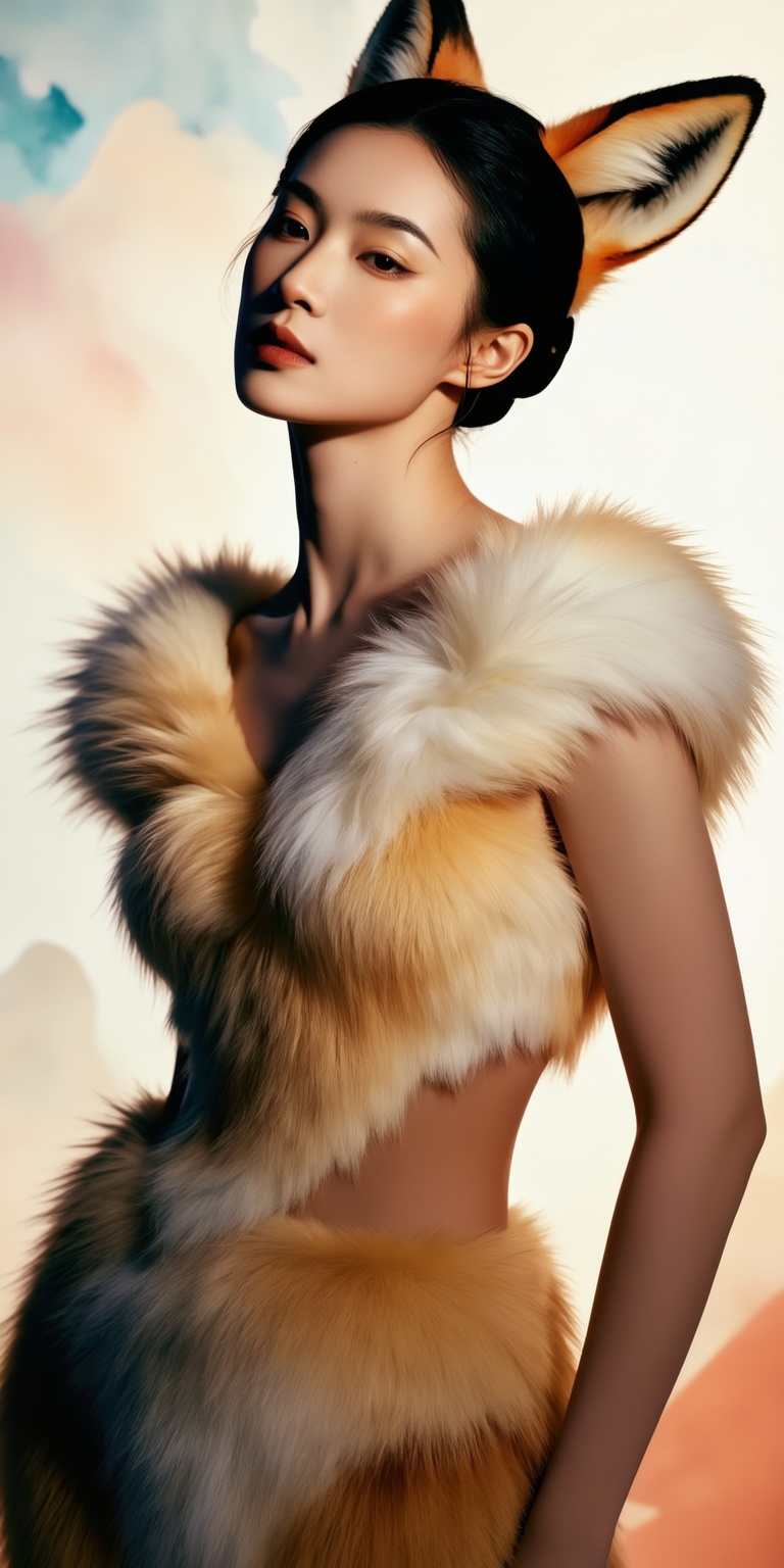 A masterpiece-level ultra-realistic aesthetic portrait of an Asian performer wearing a luxury furry suit,  designed with r...