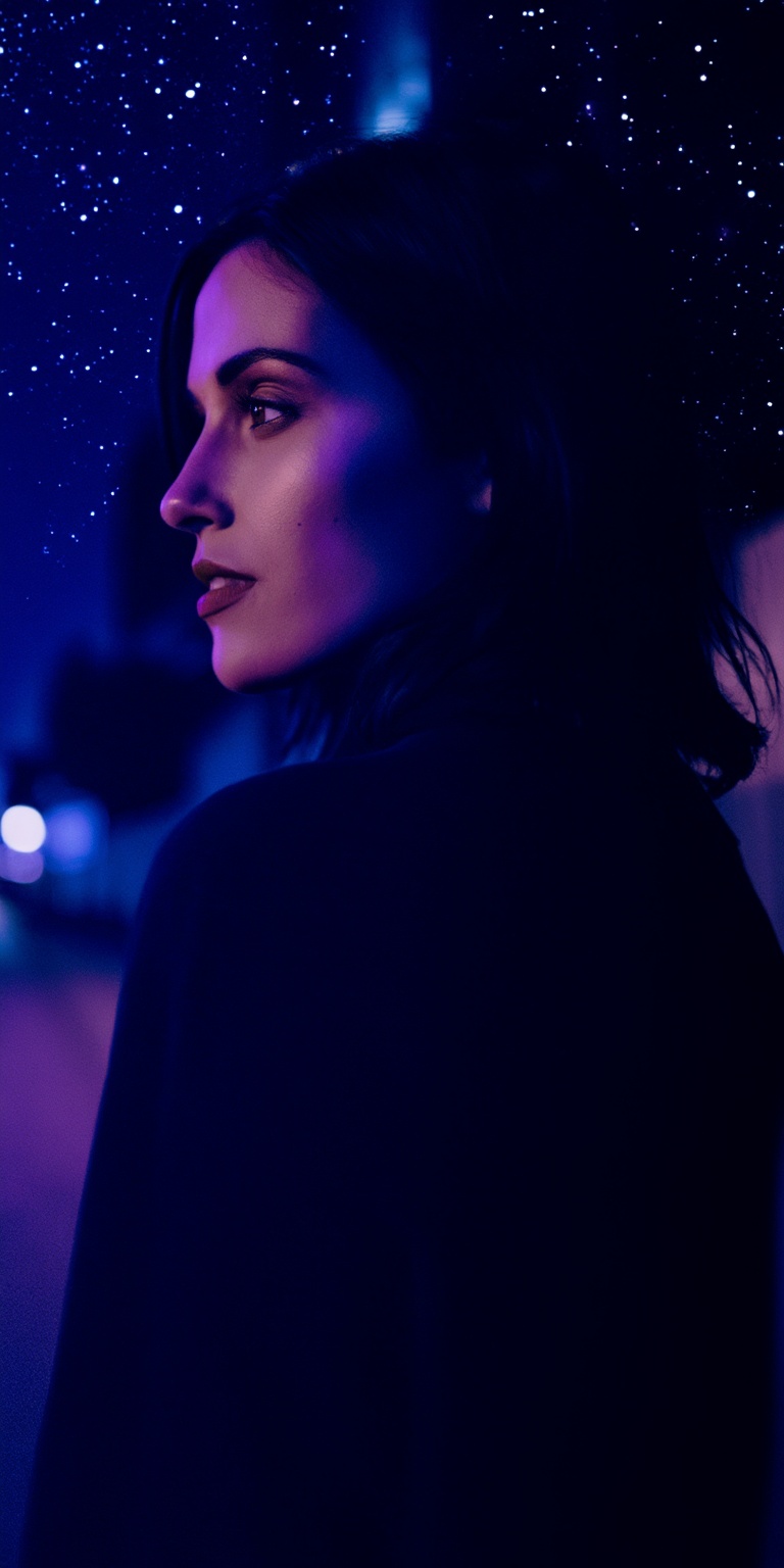 A cinematic color portrait inspired by noir pacing and astrophotography aesthetics,  capturing a woman as the central figu...