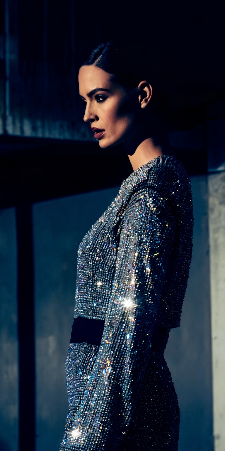 A cinematic color portrait inspired by classic noir pacing,  reimagined through the theme of diamond-embellished clothing....
