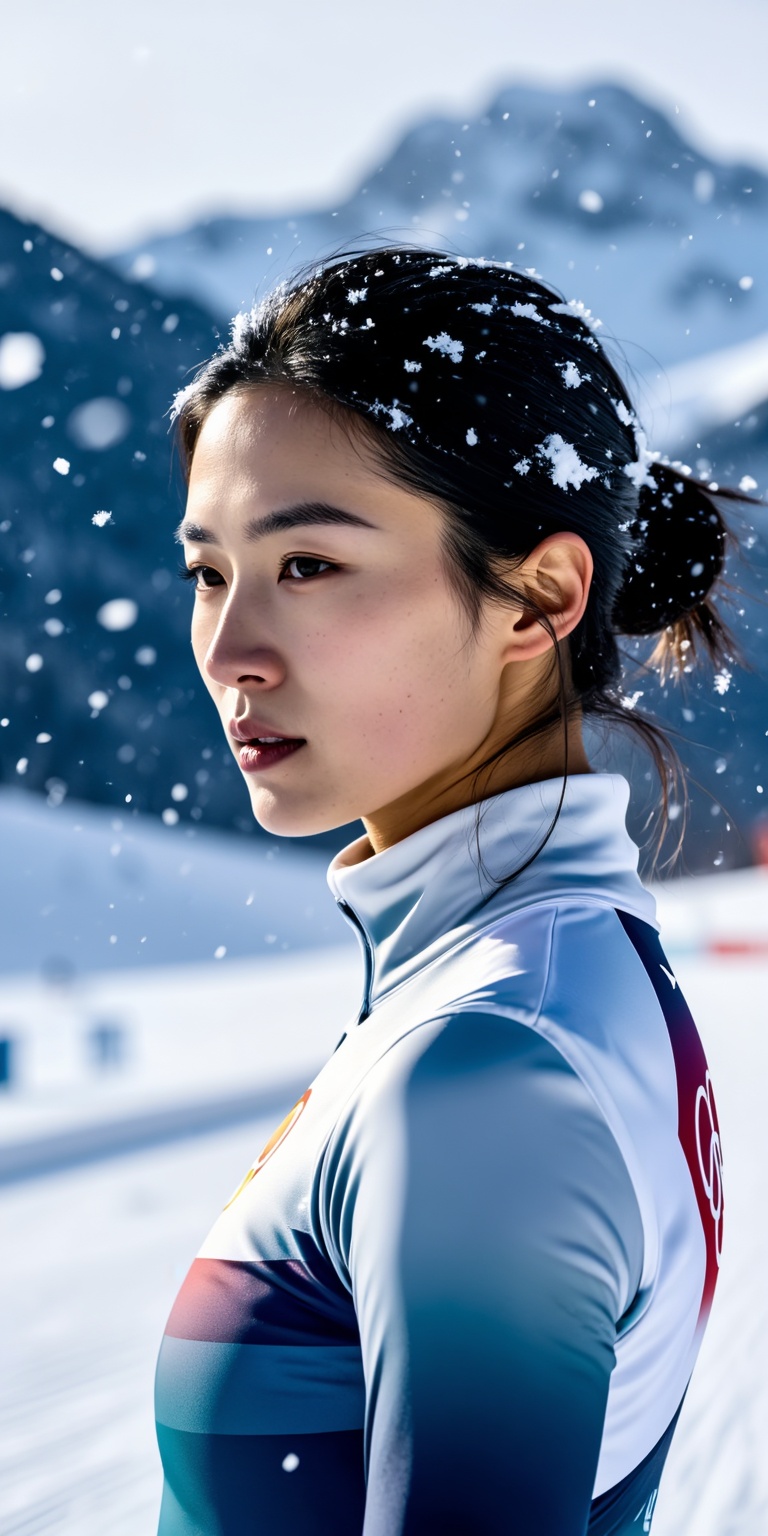A masterpiece-level ultra-realistic portrait inspired by the Winter Olympics,  featuring an Asian female athlete captured...