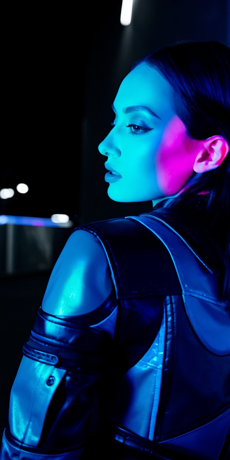 A cinematic Y2K-inspired color portrait capturing a woman as the central figure during a slow,  deliberate turn of her hea...