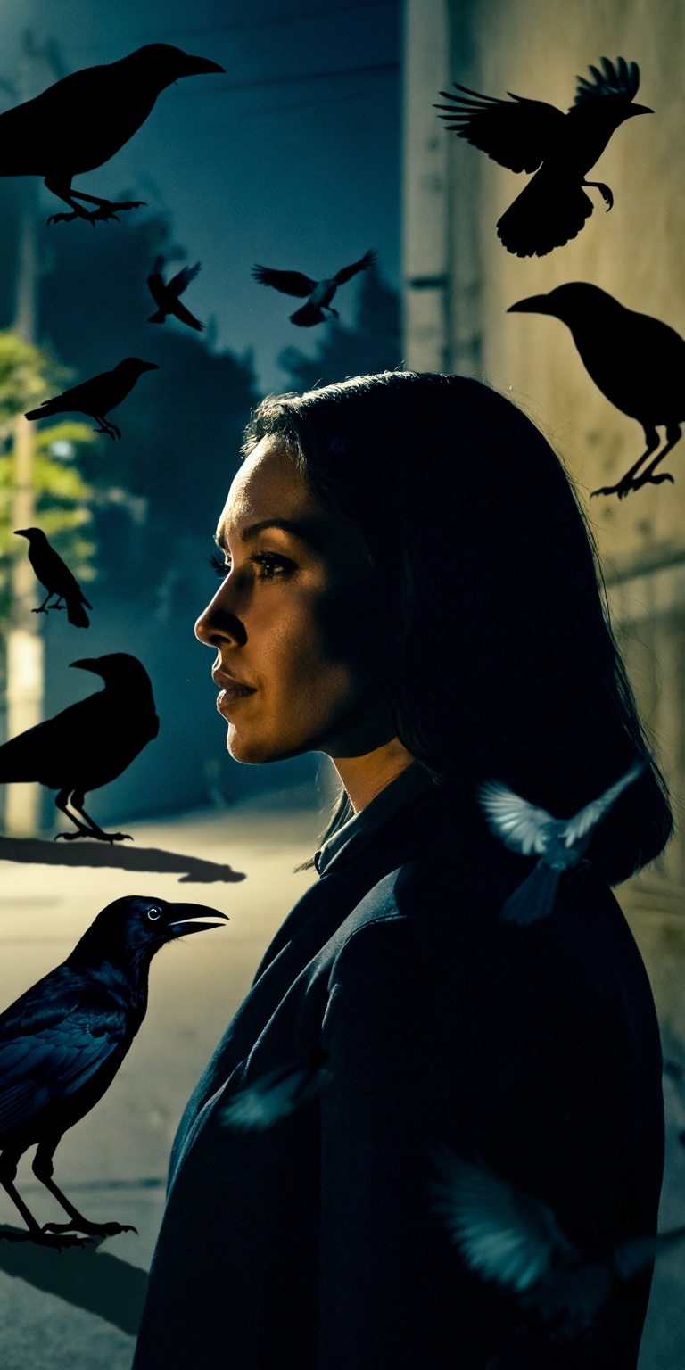 A cinematic color-noir portrait framed from the shoulders upward,  portraying a woman immersed in birdwatching within a da...