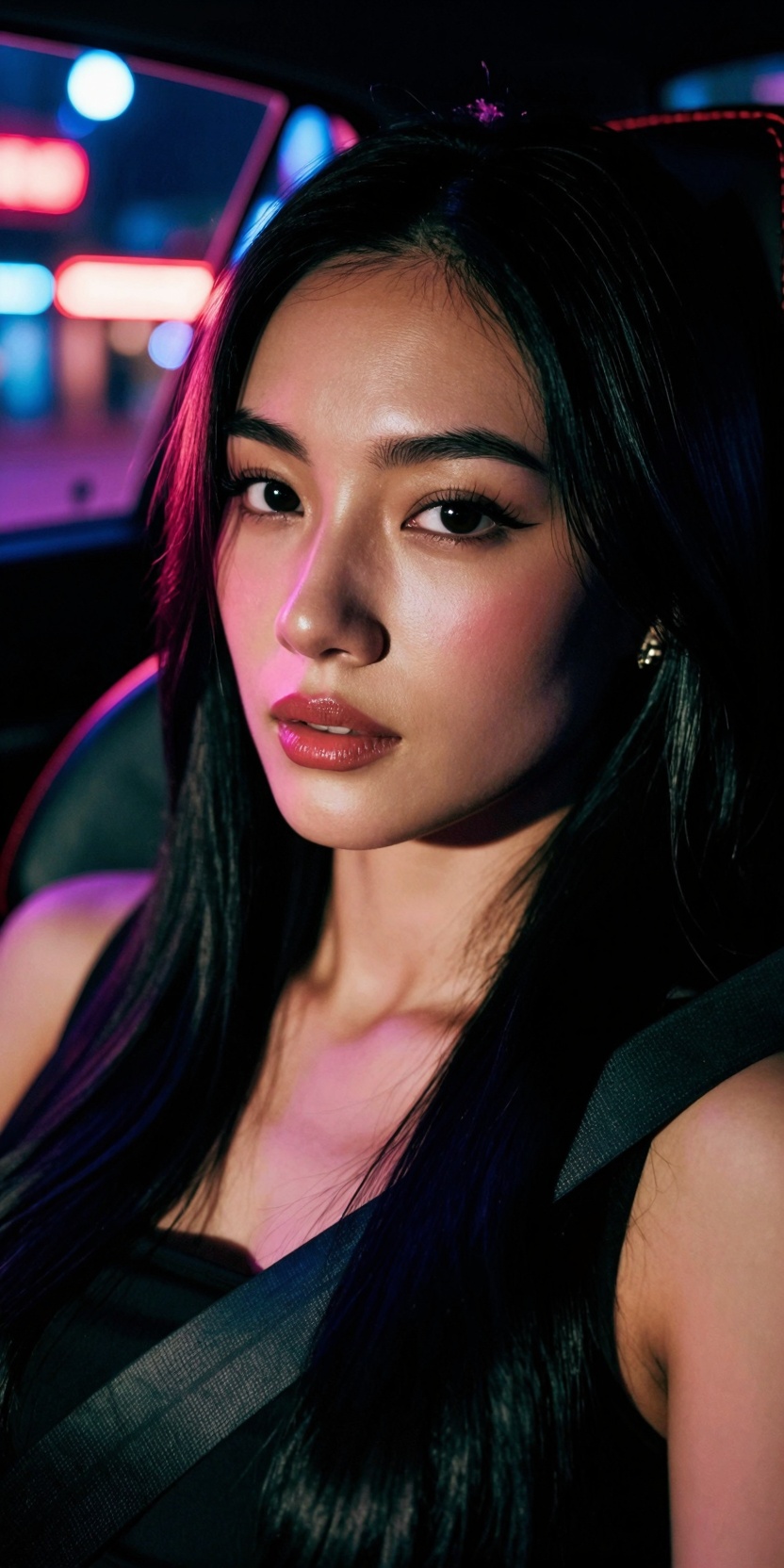 A close-up cinematic selfie of an Asian woman in the driver’s seat at night,  illuminated by neon city lights reflecting t...