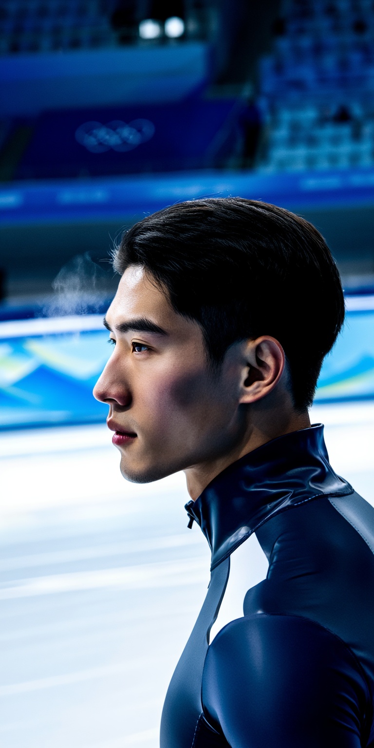 A cinematic masterpiece portrait inspired by Winter Olympic speed skating,  featuring a handsome Asian male athlete presen...