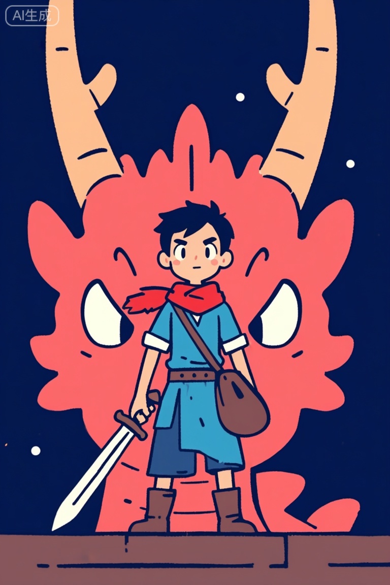 An animated illustration of a boy standing in front of a giant dragon. The boy is dressed in a blue shirt,blue skirt,and brown boots. He is holding a sword in his right hand. He has a red scarf around his neck,and a brown bag on his hip. The dragon's head is adorned with large horns,and its eyes are wide open. The horns are protruding from the top of the head,and the horns are a light brown color. The man's hair is dark brown,and he is wearing a brown belt around his waist. The background is a dark blue,and there are small white stars in the sky.,