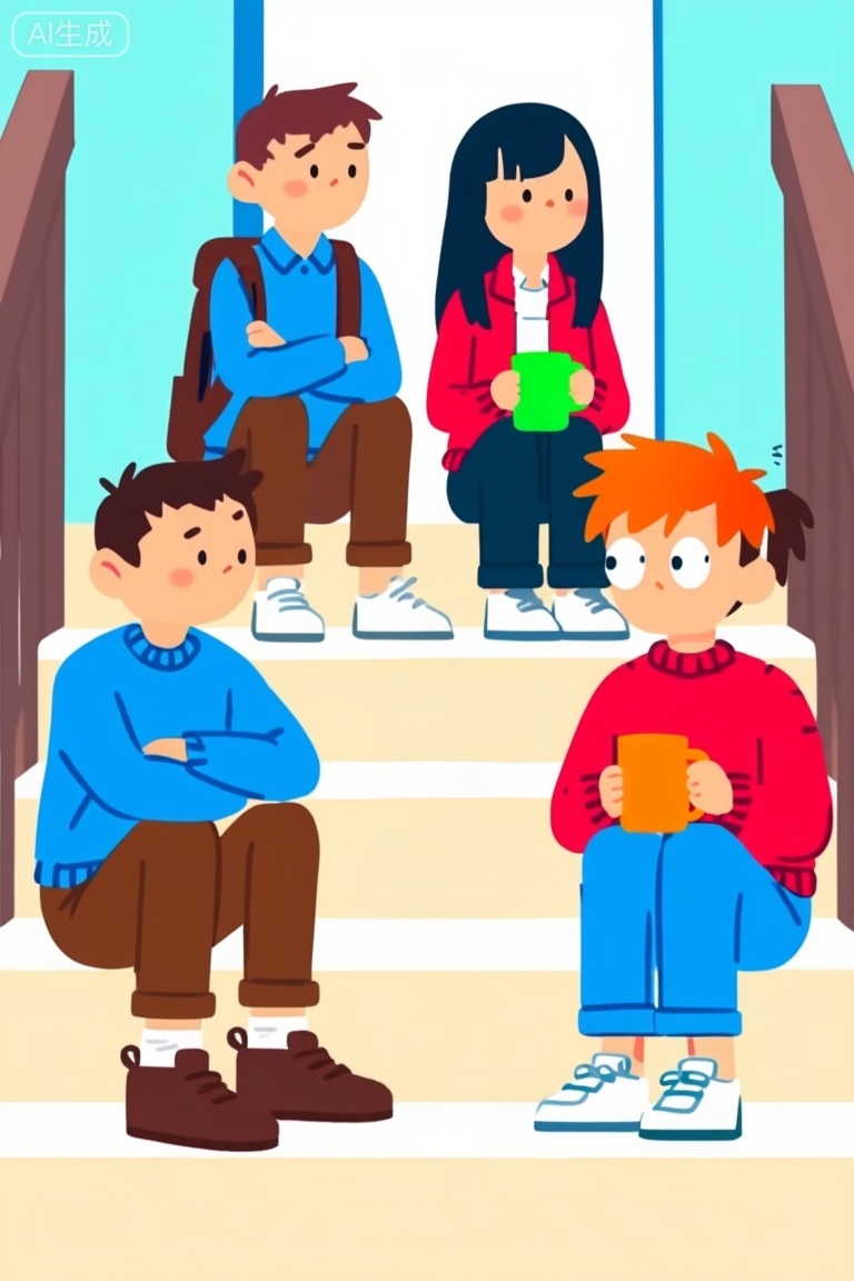 Captured at eye-level, a cartoon illustration features four cartoon characters sitting on a set of stairs. The first character, a boy with brown hair, a blue shirt, brown pants, a brown backpack, and a pair of white shoes. The second character is a girl with black hair and a red jacket, and she is holding a green cup in her hands. The third character, an orange haired boy, is on the right side of the image, and he is holding an orange cup in his hands. He is wearing a red sweater, blue pants, and white sneakers. He has brown hair and white shoes, and his eyes are open. The fourth character, on the left side, is a boy, wearing a blue sweater and brown pants. His arms are crossed over his chest, while his legs are bent over his knees. He's also wearing a brown pair of shoes, with a white pair of socks on his feet.