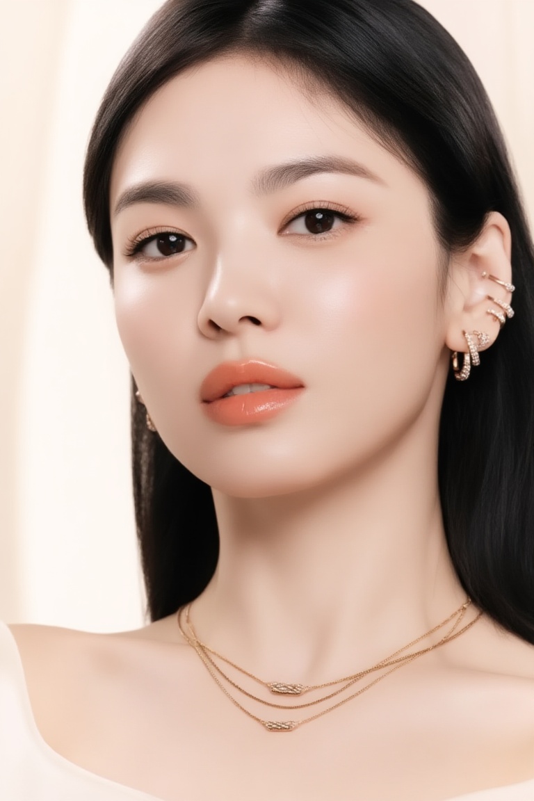 A high-end luxury beauty portrait of a 20yo woman with sleek straight long hair tucked behind the ear,  tight close-up fra...