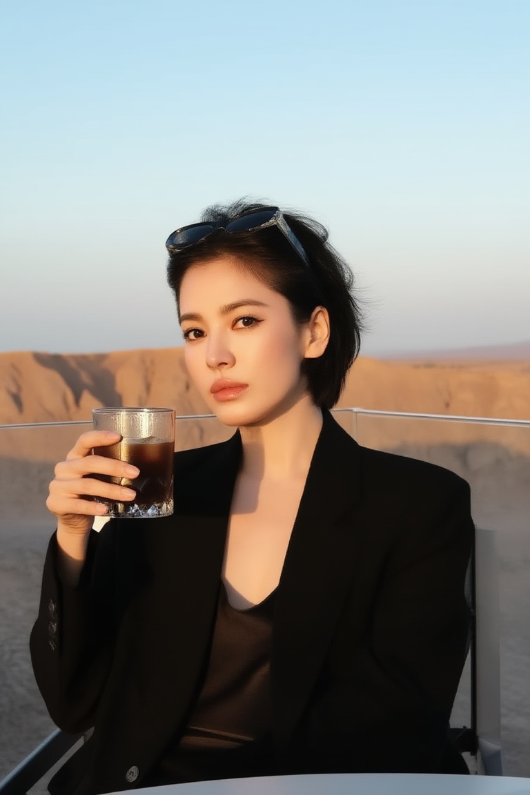 desert cliff sky-terrace café at golden hour,  chic 20yo woman,  short tousled bob on Tensor.Art