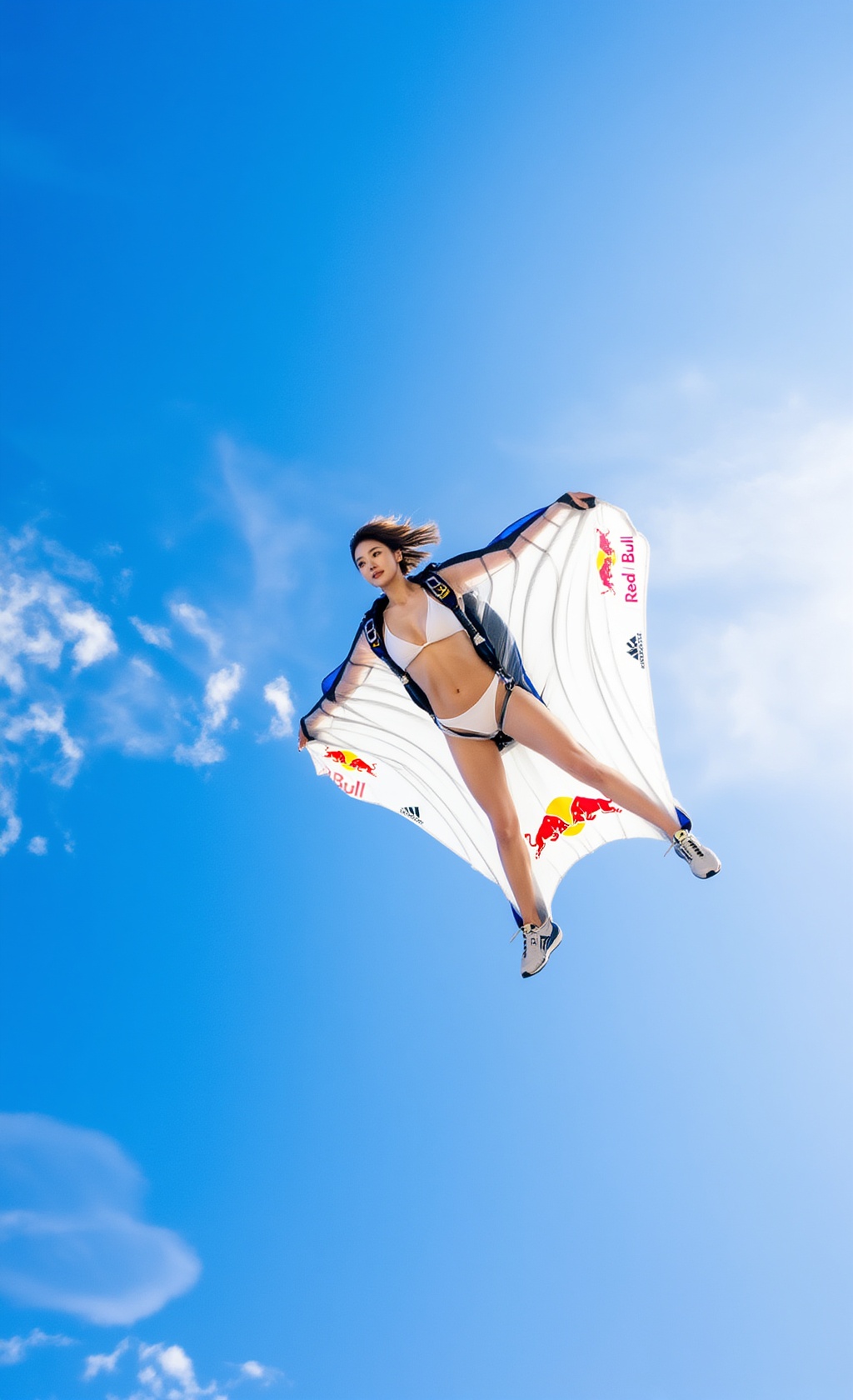 candid aerial adventure photo of a stunning young korean woman gliding through the sky in a semi-transparent wingsuit made...