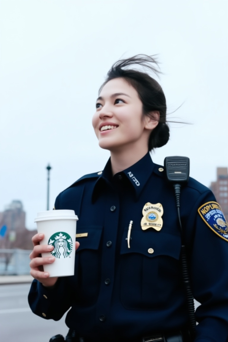 A candid upper-body portrait of a smiling 20yo NYPD female officer on an overcast New York City street,  medium close-up f...