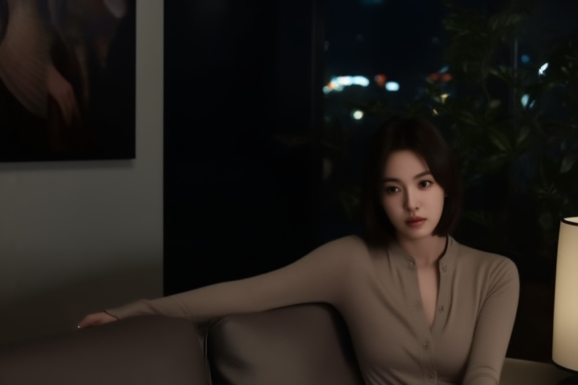 a beautiful young woman sitting on a couch in a dark living room at night,  detailed eyes,  short hair on Tensor.Art