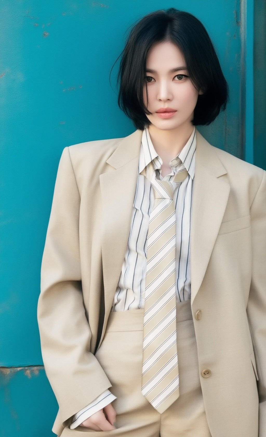 candid street fashion photograph of a stunning young korean woman with slightly tousled sleek black bob haircut,  leaning...