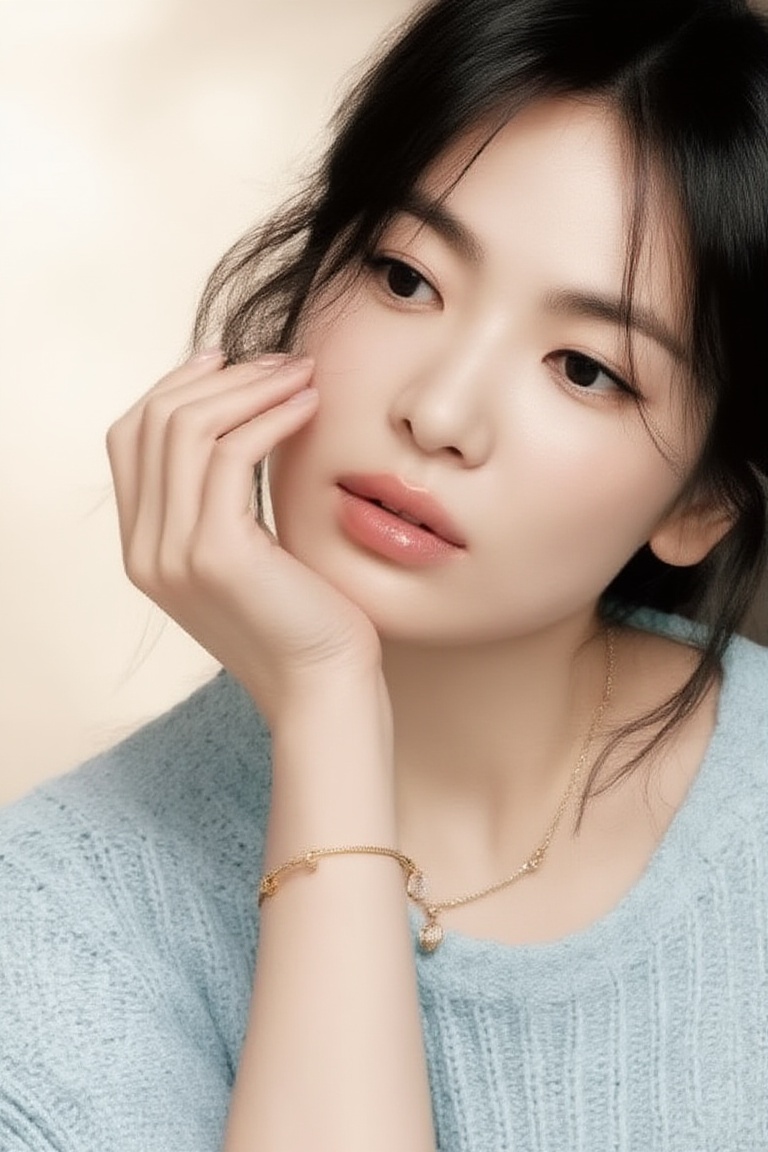 A soft editorial close-up portrait of a 20yo woman resting her face lightly against her hand. She wears a pale blue knitte...