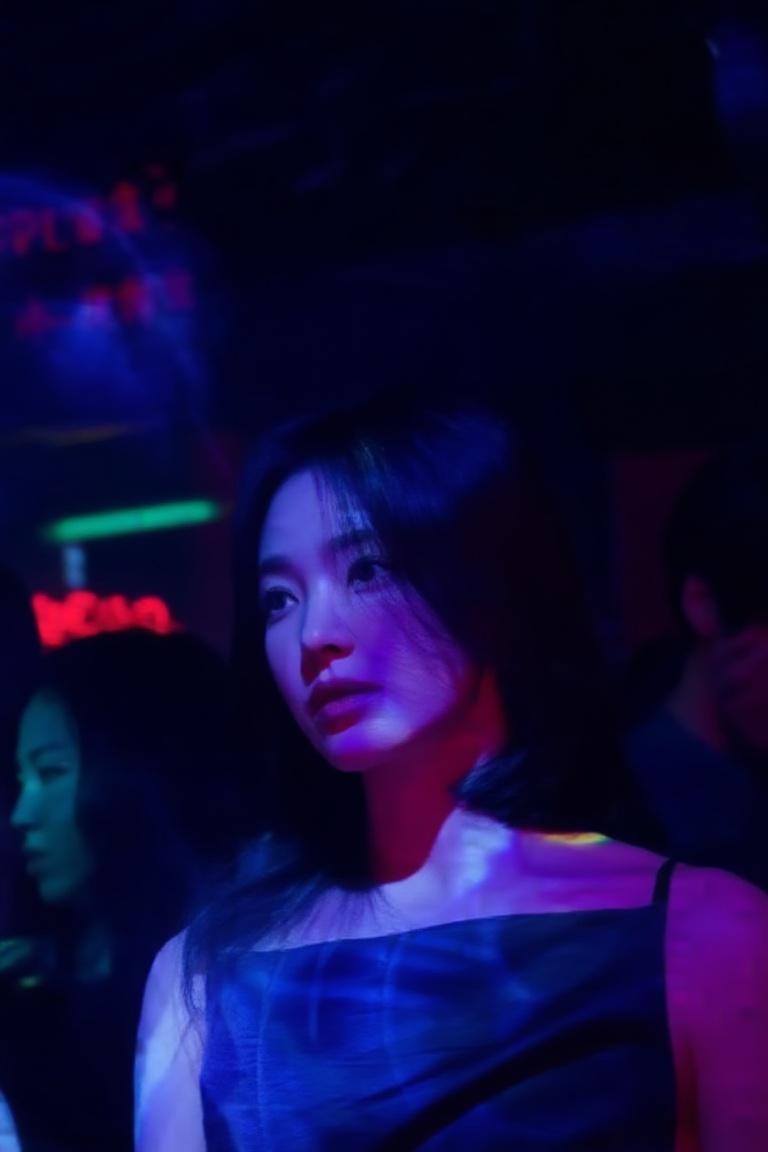 low-key nightclub portrait of a 20yo korean woman,  head-and-shoulders framing,  projected blue and magenta neon light pat...