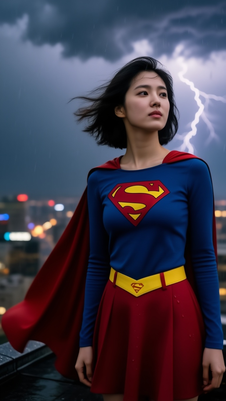 candid cinematic photo of supergirl,  a young korean woman,  standing on the edge of a high-rise rooftop during a storm on...