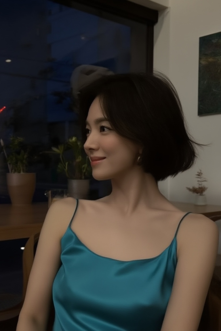 candid lifestyle photo of a young woman sitting at a cozy café,  head and shoulder photo,  relaxed natural posture and sof...