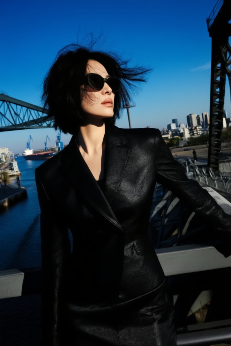 A cinematic urban fashion portrait on a wide industrial bridge near a harbor,  a modern city woman with tousled short hair...