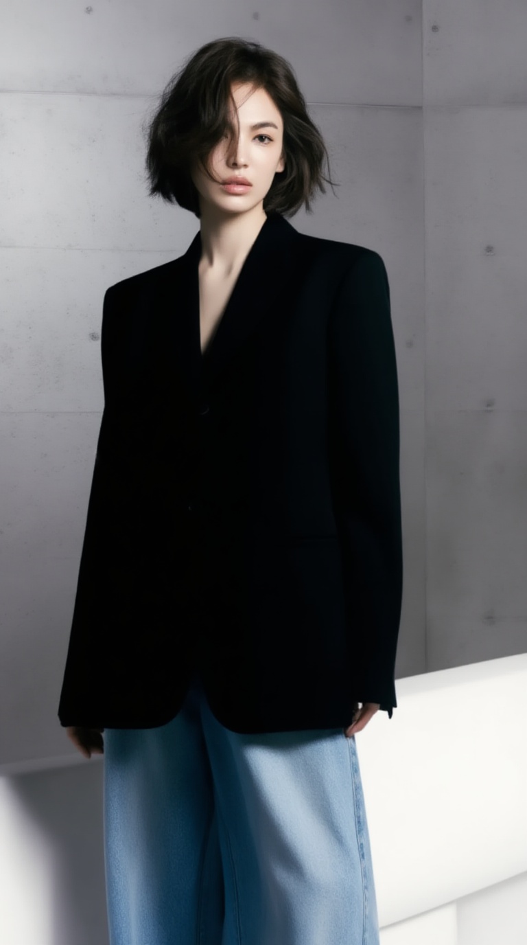 A high-end studio fashion editorial photograph of a beautiful 20yo woman with a natural tousled short hair and soft youthf...