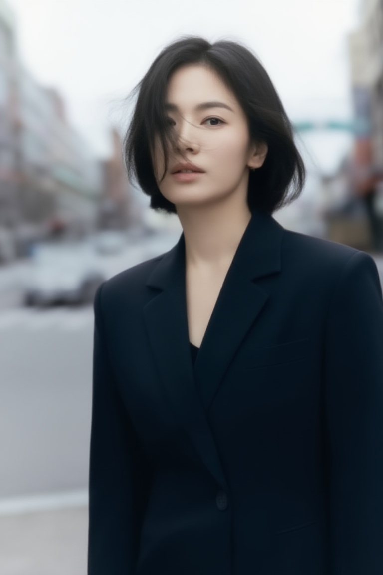 A realistic street portrait of a young woman on a breezy day,  short hair gently moving in the wind,  natural daylight on...