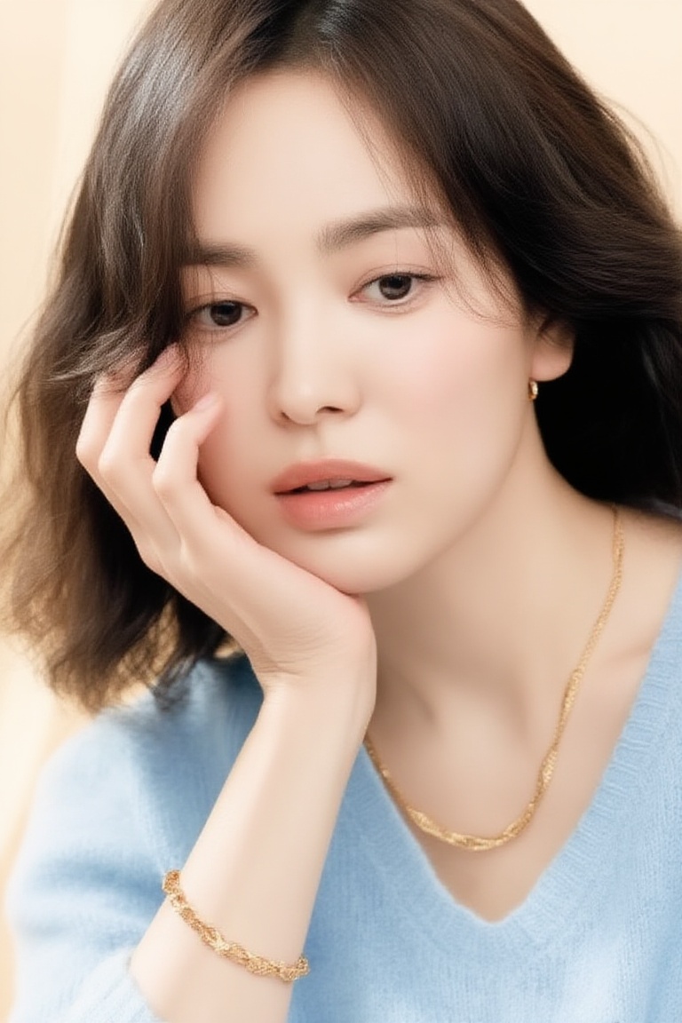 A soft editorial close-up portrait of a 20yo woman resting her face lightly against her hand. She wears a pale blue knitte...