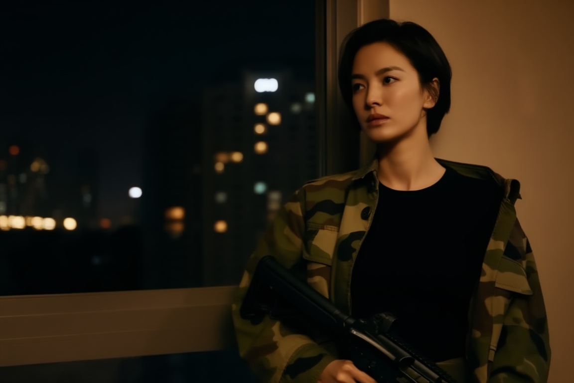 A cinematic indoor night portrait of a short-haired woman wearing a black round-neck t-shirt under an unbuttoned classic w...