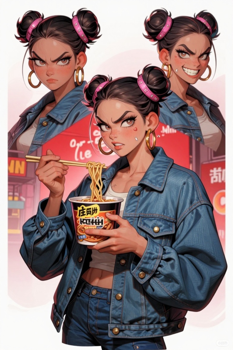 [ Illustration of ] The image shows a female with dark hair styled in two buns,  each adorned with pink hair accessories....