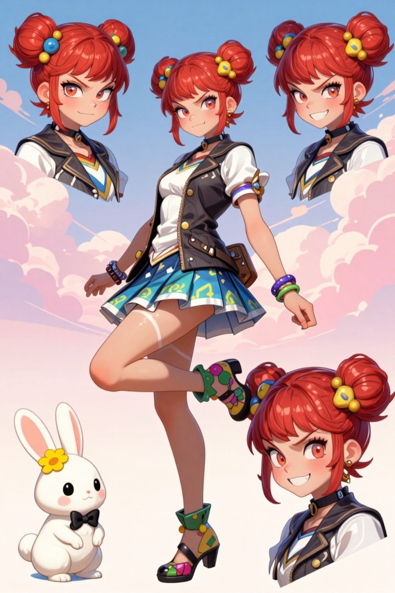 [ Illustration of ] The image depicts a vibrant and colorful anime-style illustration of a young girl with red hair styled...