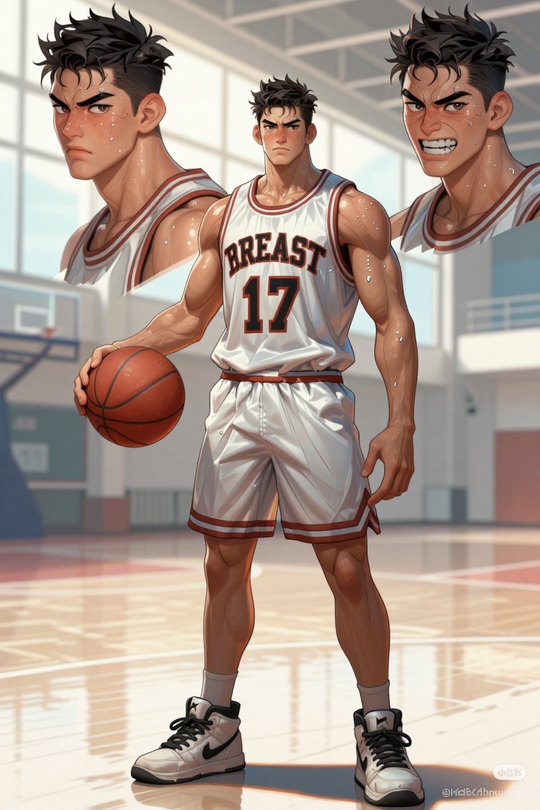 [ Illustration of ] The image depicts a muscular male character wearing a basketball uniform with the number "17" and the...